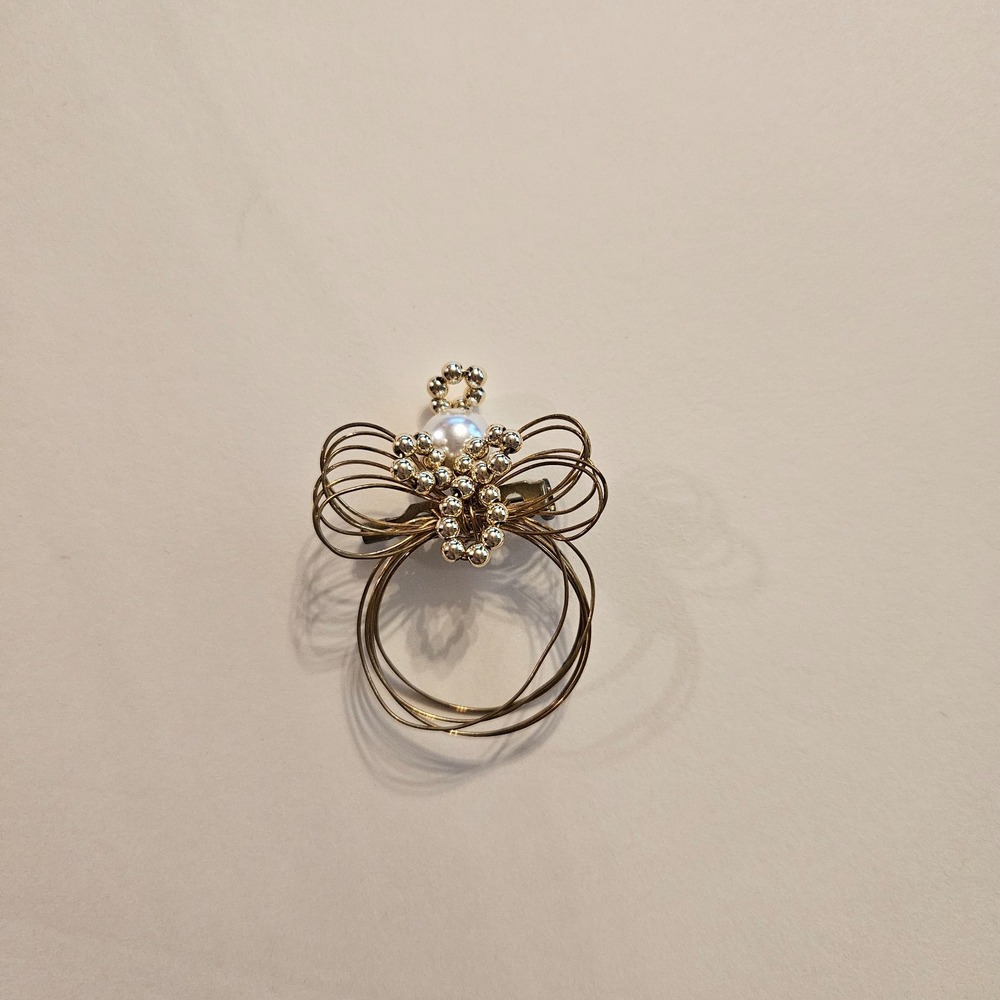 Vintage Gold Wire Angel Brooch Pin w/ Faux‎ Pearl Head Christmas Holiday
